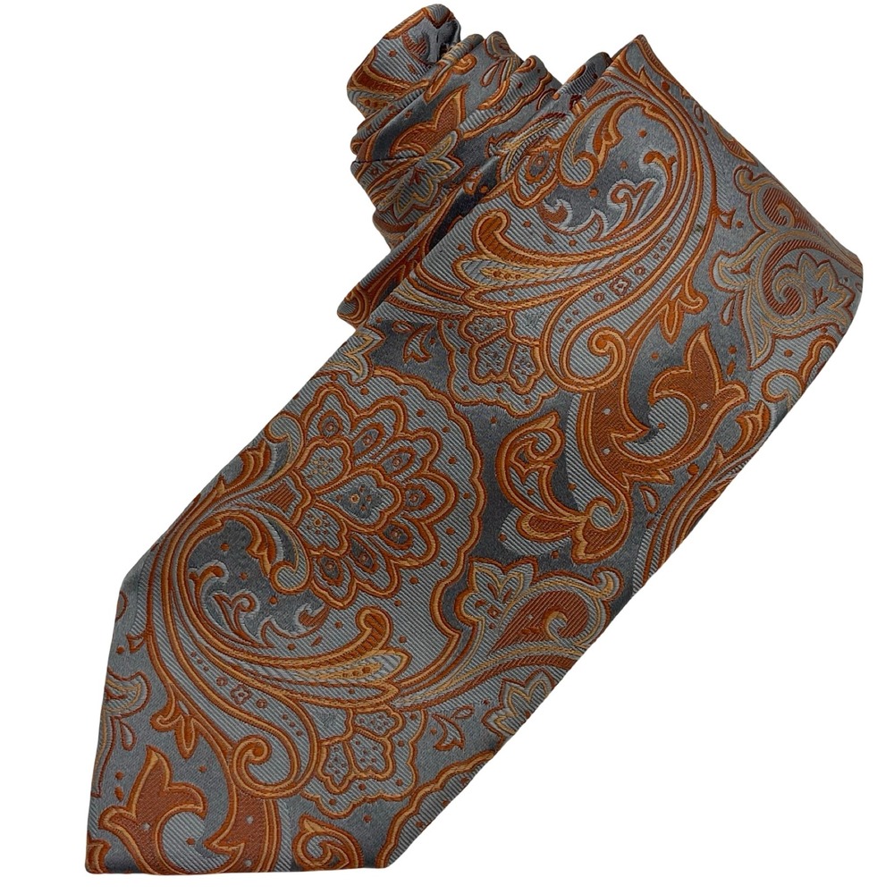 Vintage Geoffrey‎ Beene 100% Necktie Tie Grey Orange Paisley Jacquard Retro Mod